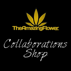 TheAmazingFlower.com gold logo in text with a gold hemp leaf above. Text below says, "Collaborations Shop" in white letters. The background is solid black.