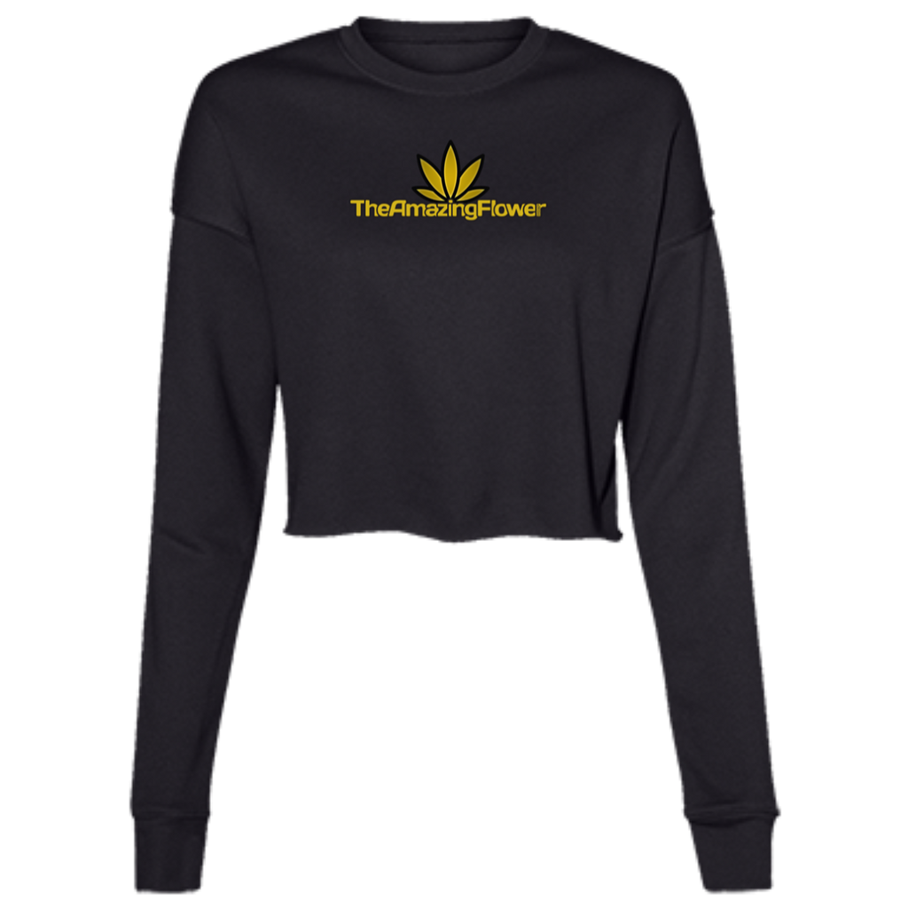 Summer 2024 limited edition cropped long-sleeve crew top with a gold hemp leaf above TheAmazingFlower.com logo (black)