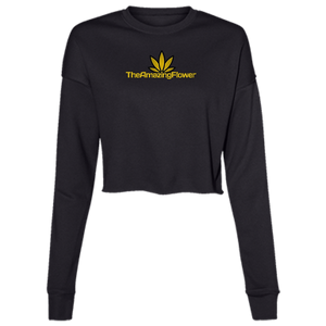 Open image in slideshow, Summer 2024 limited edition cropped long-sleeve crew top with a gold hemp leaf above TheAmazingFlower.com logo (black)
