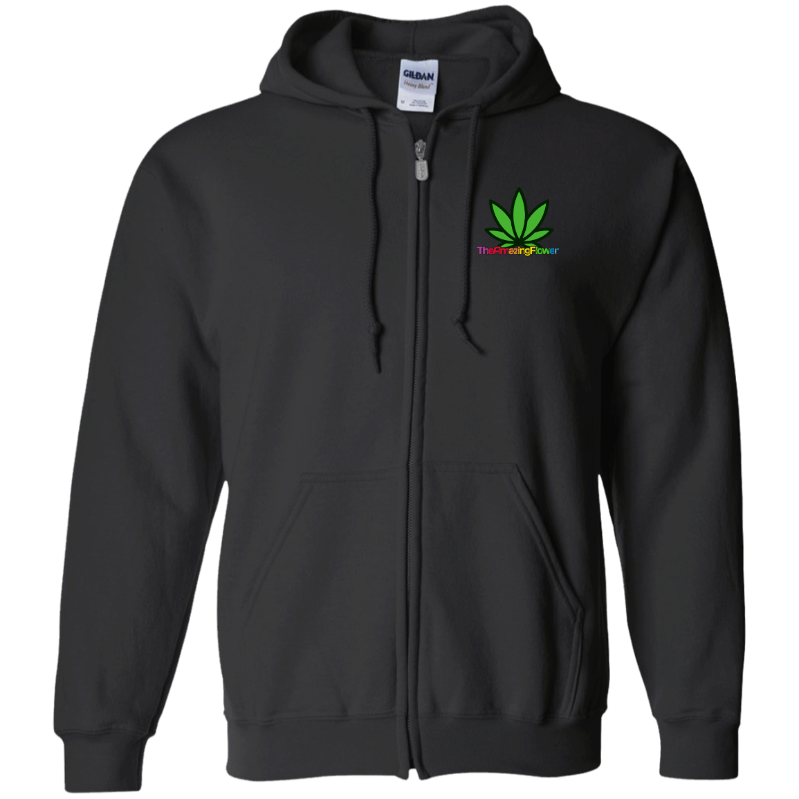 Hemp Leaf Logo + Rainbow Back Zip Up Hoodie from TheAmazxingFlower.com front view (Black only)