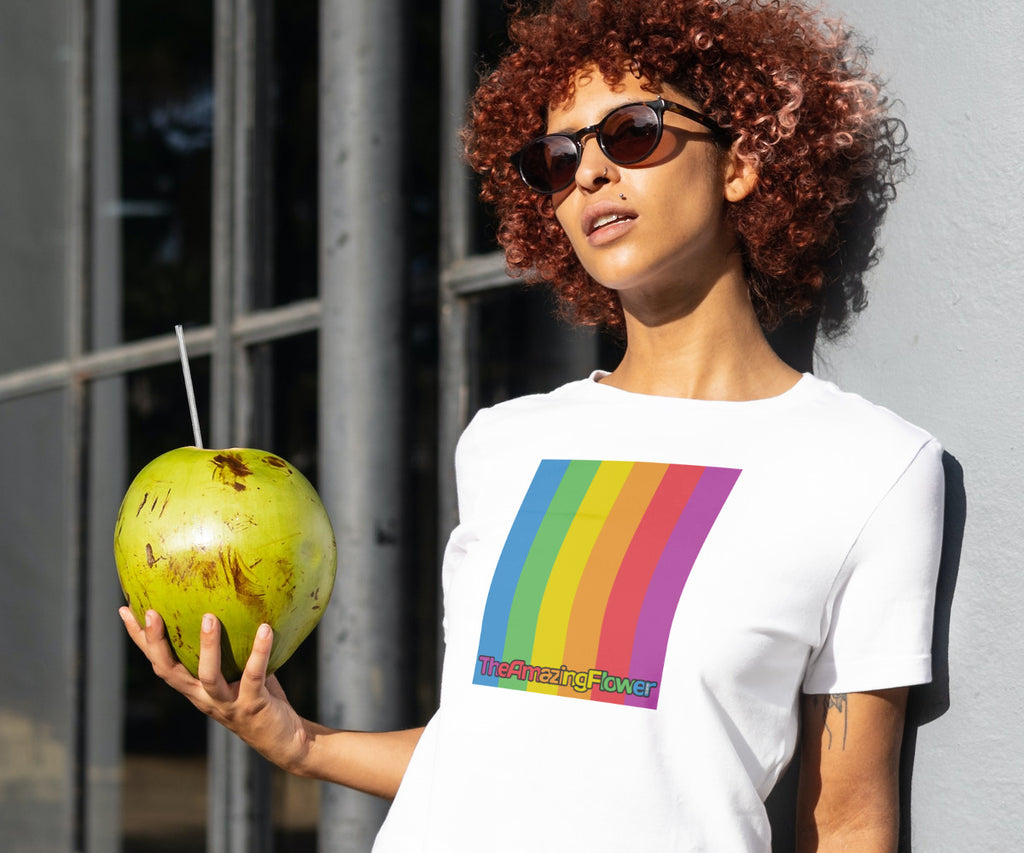 Woman with large fruit wearing TheAmazingFlower.com Rainbow Logo T-Shirt (White)