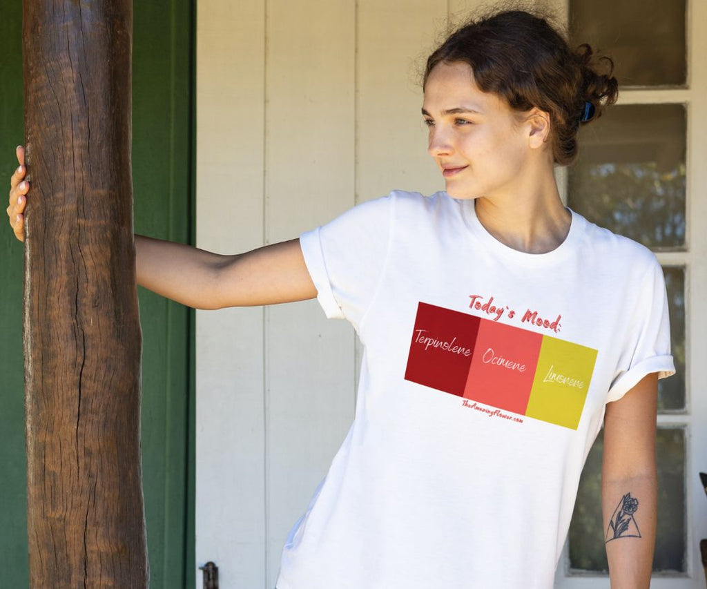 Woman smiling on a sunny front porch wearing a white  'Today's Mood: Energy' Terpenes T-shirt from TheAmazingFlower.com