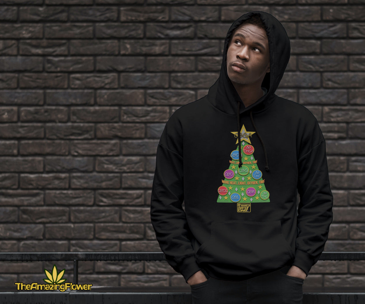 Man wearing a holiday cannabinoid family tree black hoodie leaning against a brick wall and looking up to his right.